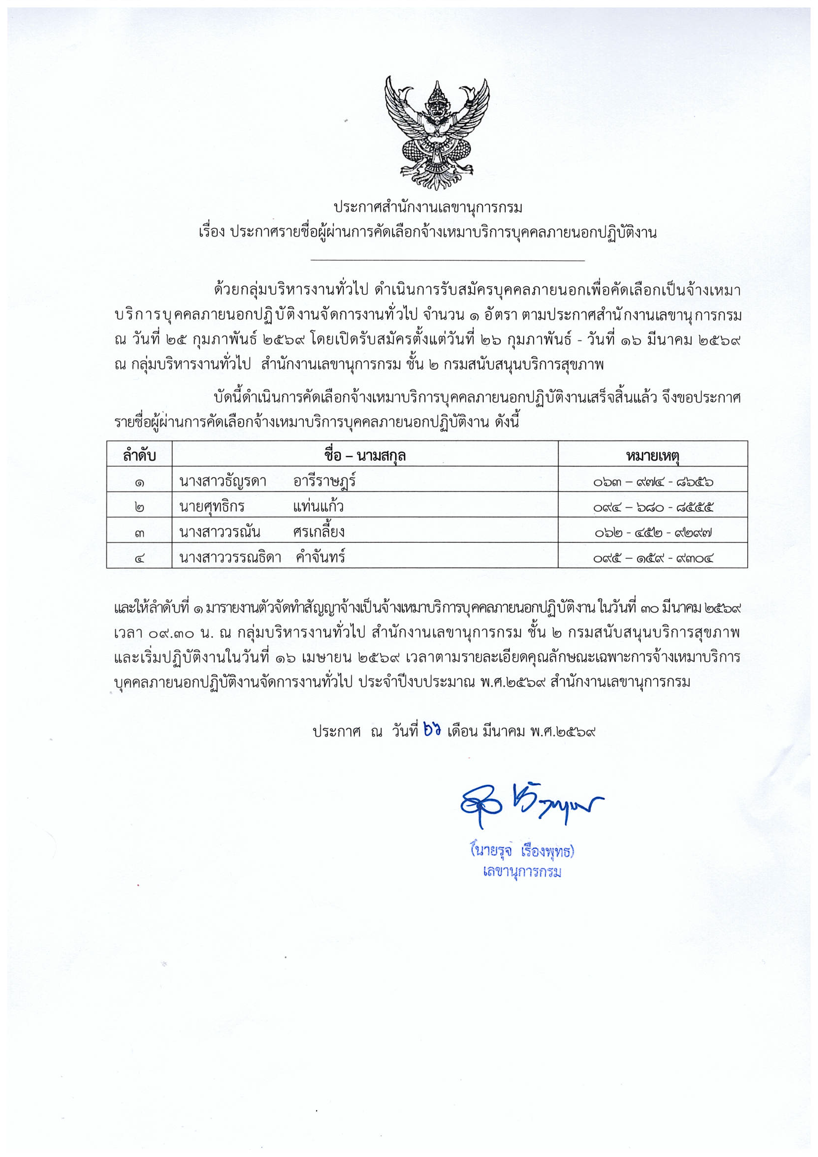 ประกาศรายชื่อผู้ผ่านการคัดเลือกจ้างเหมาบริการบุคคลภายนอกปฏิบัติงาน: